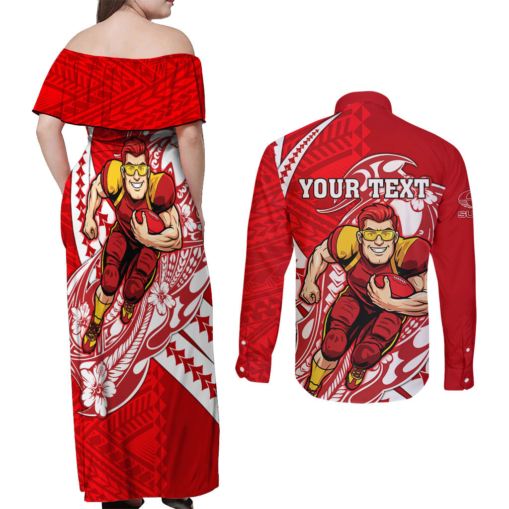Personalized Gold Coast Suns Couples Matching Off Shoulder Maxi Dress and Long Sleeve Button Shirt Polynesian Tribal Sun Mascot With Hibiscus Floral Art