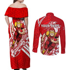 Personalized Gold Coast Suns Couples Matching Off Shoulder Maxi Dress and Long Sleeve Button Shirt Polynesian Tribal Sun Mascot With Hibiscus Floral Art