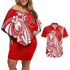 Personalized Gold Coast Suns Couples Matching Off Shoulder Short Dress and Hawaiian Shirt Polynesian Tribal Sun Mascot With Hibiscus Floral Art