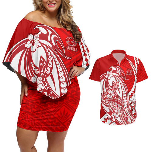 Personalized Gold Coast Suns Couples Matching Off Shoulder Short Dress and Hawaiian Shirt Polynesian Tribal Sun Mascot With Hibiscus Floral Art