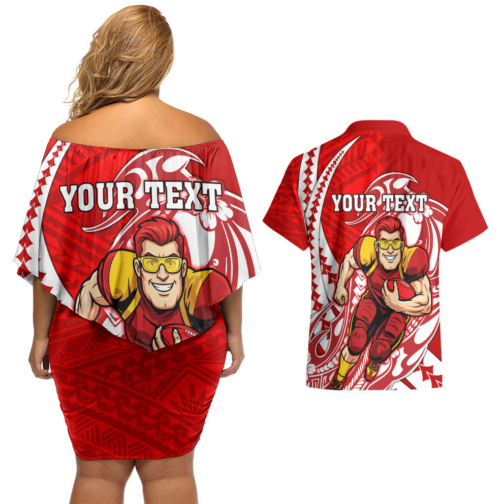 Personalized Gold Coast Suns Couples Matching Off Shoulder Short Dress and Hawaiian Shirt Polynesian Tribal Sun Mascot With Hibiscus Floral Art