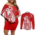 Personalized Gold Coast Suns Couples Matching Off Shoulder Short Dress and Long Sleeve Button Shirt Polynesian Tribal Sun Mascot With Hibiscus Floral Art