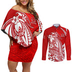 Personalized Gold Coast Suns Couples Matching Off Shoulder Short Dress and Long Sleeve Button Shirt Polynesian Tribal Sun Mascot With Hibiscus Floral Art