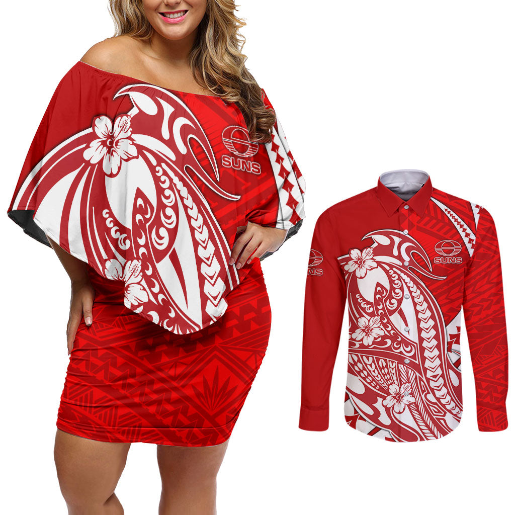 Personalized Gold Coast Suns Couples Matching Off Shoulder Short Dress and Long Sleeve Button Shirt Polynesian Tribal Sun Mascot With Hibiscus Floral Art