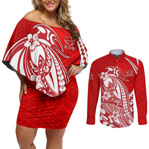 Personalized Gold Coast Suns Couples Matching Off Shoulder Short Dress and Long Sleeve Button Shirt Polynesian Tribal Sun Mascot With Hibiscus Floral Art