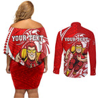 Personalized Gold Coast Suns Couples Matching Off Shoulder Short Dress and Long Sleeve Button Shirt Polynesian Tribal Sun Mascot With Hibiscus Floral Art