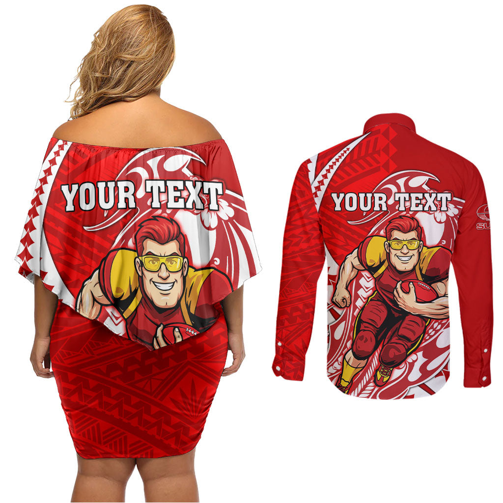 Personalized Gold Coast Suns Couples Matching Off Shoulder Short Dress and Long Sleeve Button Shirt Polynesian Tribal Sun Mascot With Hibiscus Floral Art
