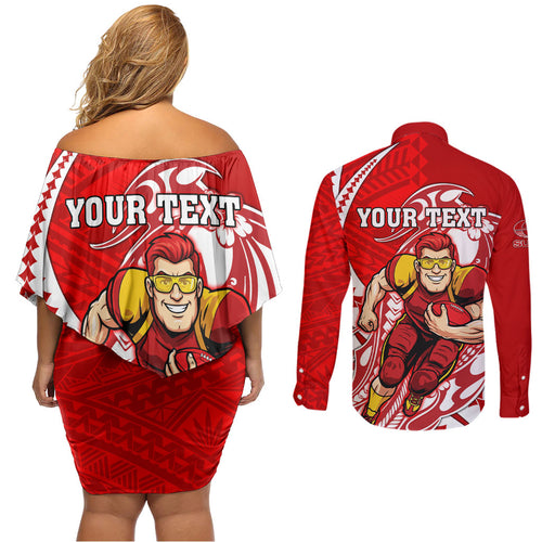 Personalized Gold Coast Suns Couples Matching Off Shoulder Short Dress and Long Sleeve Button Shirt Polynesian Tribal Sun Mascot With Hibiscus Floral Art