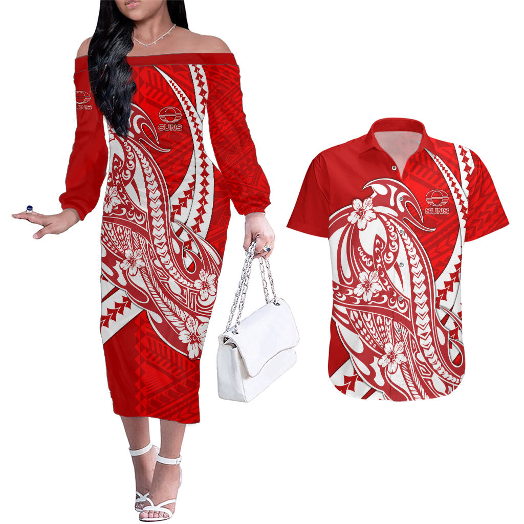 Personalized Gold Coast Suns Couples Matching Off The Shoulder Long Sleeve Dress and Hawaiian Shirt Polynesian Tribal Sun Mascot With Hibiscus Floral Art