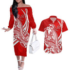 Personalized Gold Coast Suns Couples Matching Off The Shoulder Long Sleeve Dress and Hawaiian Shirt Polynesian Tribal Sun Mascot With Hibiscus Floral Art