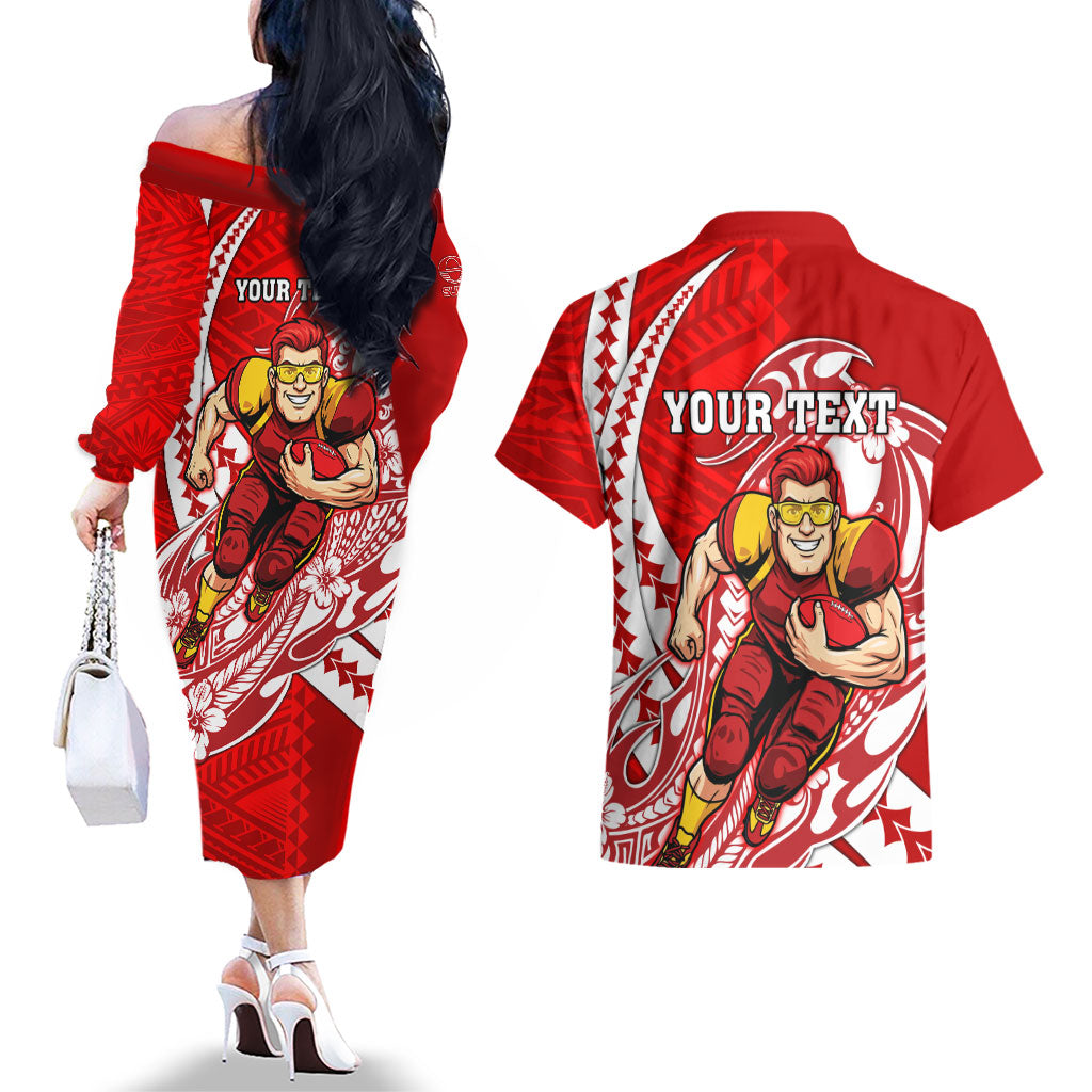 Personalized Gold Coast Suns Couples Matching Off The Shoulder Long Sleeve Dress and Hawaiian Shirt Polynesian Tribal Sun Mascot With Hibiscus Floral Art
