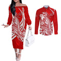 Personalized Gold Coast Suns Couples Matching Off The Shoulder Long Sleeve Dress and Long Sleeve Button Shirt Polynesian Tribal Sun Mascot With Hibiscus Floral Art