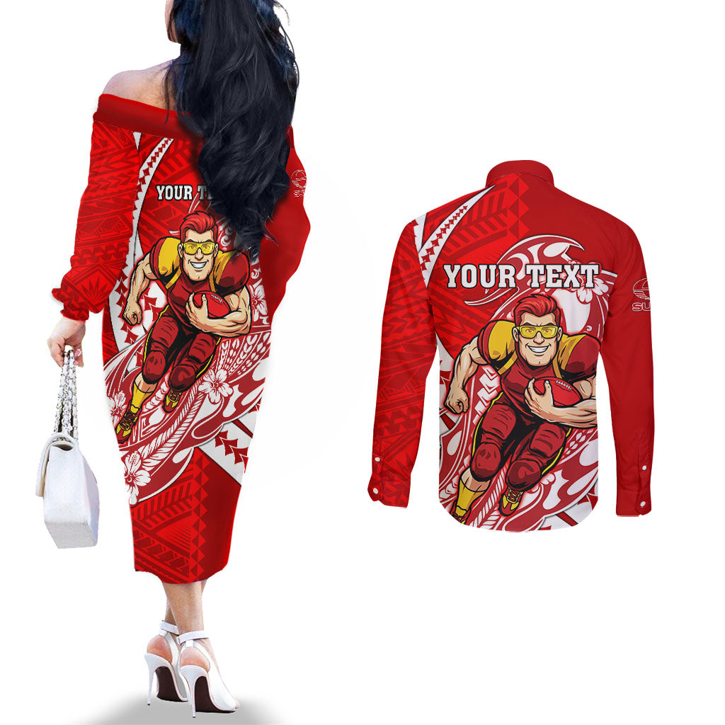 Personalized Gold Coast Suns Couples Matching Off The Shoulder Long Sleeve Dress and Long Sleeve Button Shirt Polynesian Tribal Sun Mascot With Hibiscus Floral Art