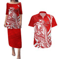 Personalized Gold Coast Suns Couples Matching Puletasi and Hawaiian Shirt Polynesian Tribal Sun Mascot With Hibiscus Floral Art
