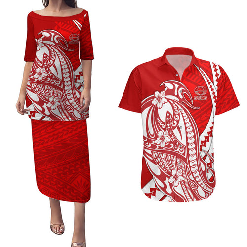 Personalized Gold Coast Suns Couples Matching Puletasi and Hawaiian Shirt Polynesian Tribal Sun Mascot With Hibiscus Floral Art