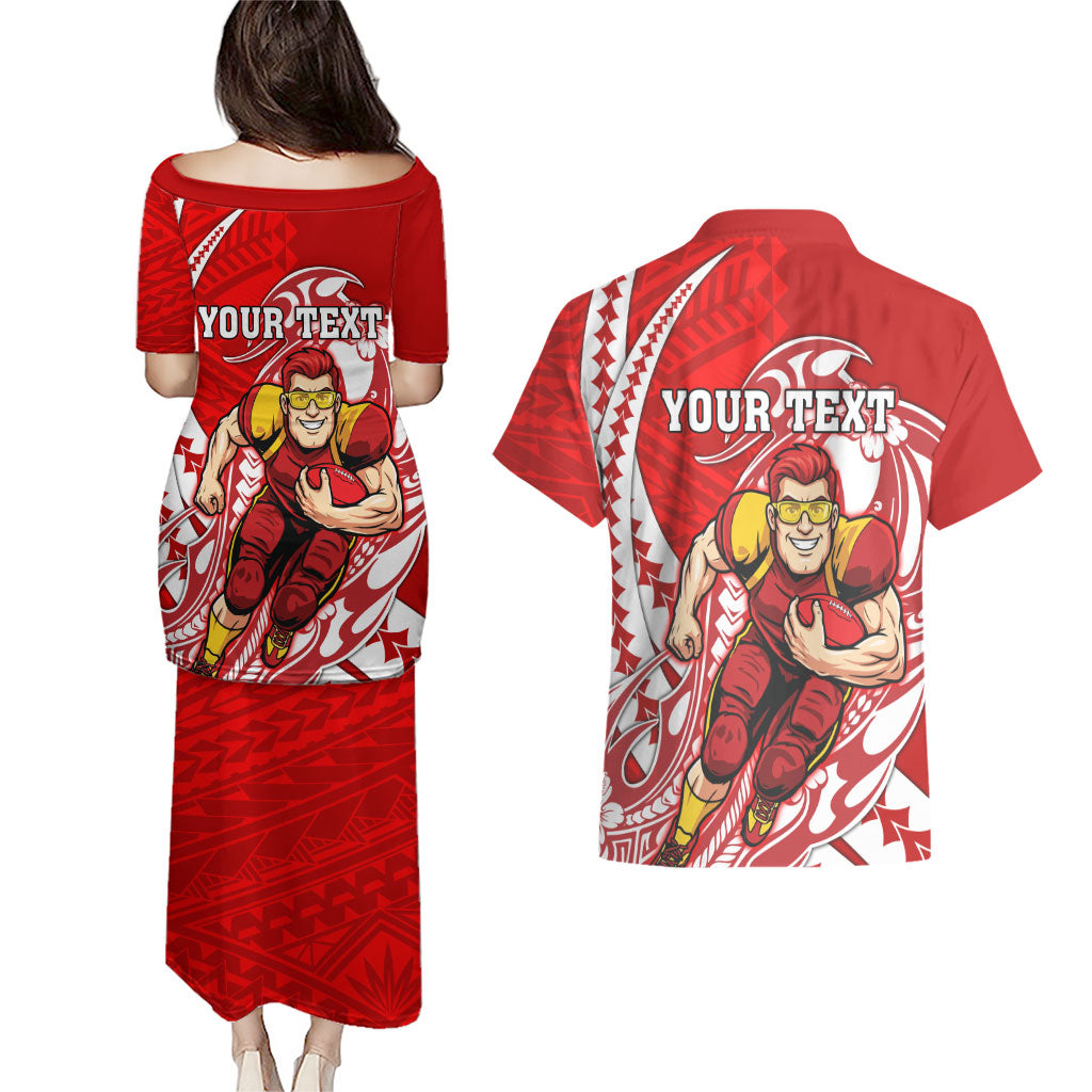 Personalized Gold Coast Suns Couples Matching Puletasi and Hawaiian Shirt Polynesian Tribal Sun Mascot With Hibiscus Floral Art