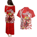Personalized Gold Coast Suns Couples Matching Puletasi and Hawaiian Shirt Polynesian Tribal Sun Mascot With Hibiscus Floral Art