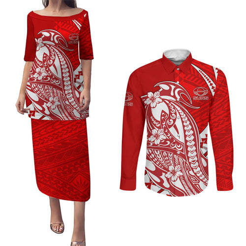 Personalized Gold Coast Suns Couples Matching Puletasi and Long Sleeve Button Shirt Polynesian Tribal Sun Mascot With Hibiscus Floral Art