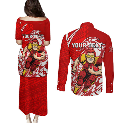 Personalized Gold Coast Suns Couples Matching Puletasi and Long Sleeve Button Shirt Polynesian Tribal Sun Mascot With Hibiscus Floral Art