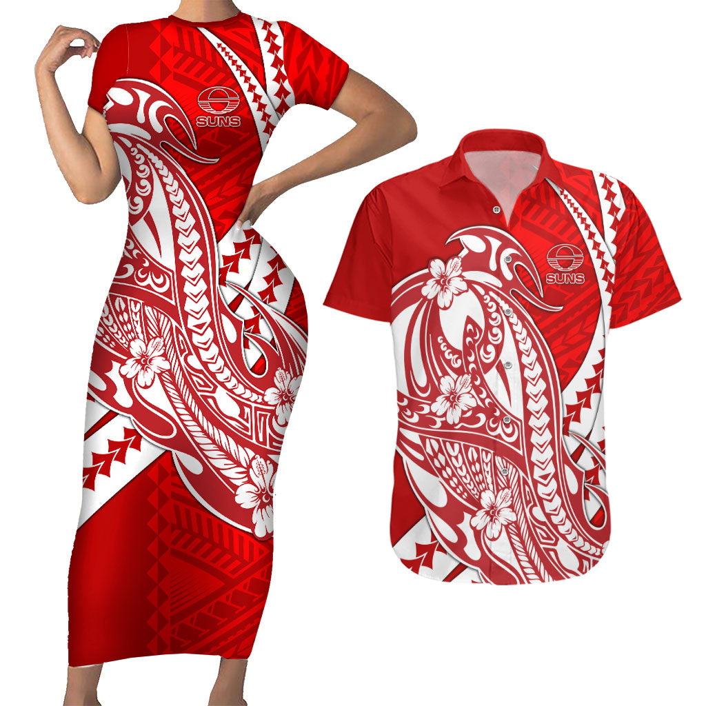 Personalized Gold Coast Suns Couples Matching Short Sleeve Bodycon Dress and Hawaiian Shirt Polynesian Tribal Sun Mascot With Hibiscus Floral Art