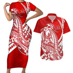 Personalized Gold Coast Suns Couples Matching Short Sleeve Bodycon Dress and Hawaiian Shirt Polynesian Tribal Sun Mascot With Hibiscus Floral Art
