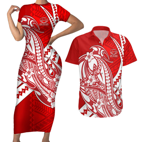 Personalized Gold Coast Suns Couples Matching Short Sleeve Bodycon Dress and Hawaiian Shirt Polynesian Tribal Sun Mascot With Hibiscus Floral Art