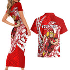 Personalized Gold Coast Suns Couples Matching Short Sleeve Bodycon Dress and Hawaiian Shirt Polynesian Tribal Sun Mascot With Hibiscus Floral Art