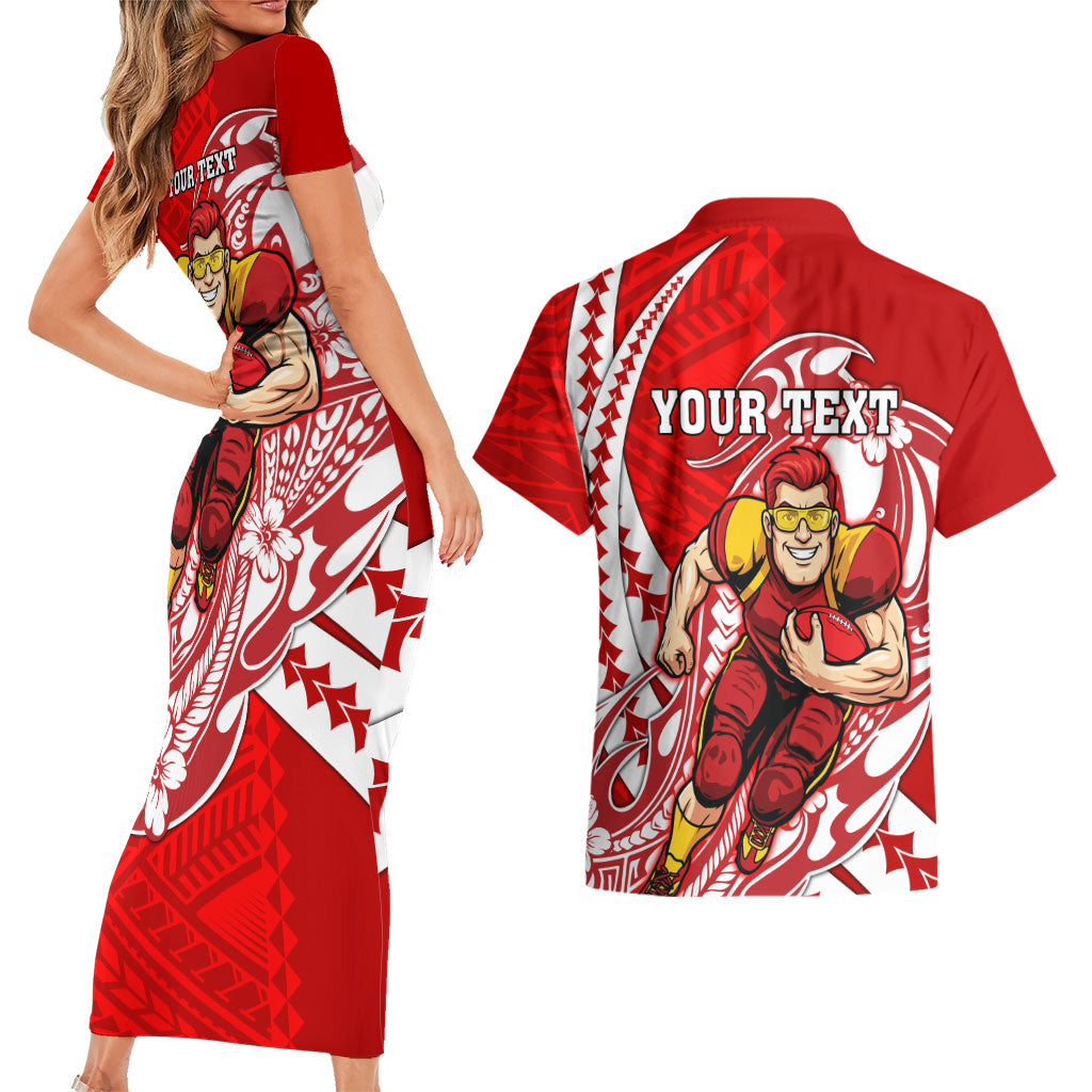 Personalized Gold Coast Suns Couples Matching Short Sleeve Bodycon Dress and Hawaiian Shirt Polynesian Tribal Sun Mascot With Hibiscus Floral Art