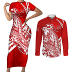 Personalized Gold Coast Suns Couples Matching Short Sleeve Bodycon Dress and Long Sleeve Button Shirt Polynesian Tribal Sun Mascot With Hibiscus Floral Art