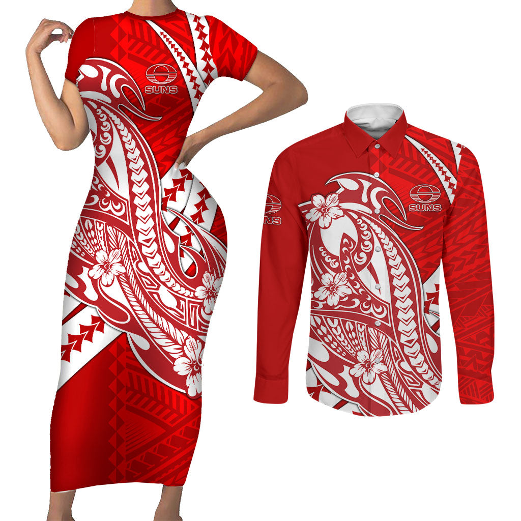 Personalized Gold Coast Suns Couples Matching Short Sleeve Bodycon Dress and Long Sleeve Button Shirt Polynesian Tribal Sun Mascot With Hibiscus Floral Art