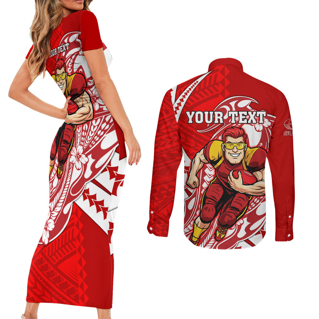 Personalized Gold Coast Suns Couples Matching Short Sleeve Bodycon Dress and Long Sleeve Button Shirt Polynesian Tribal Sun Mascot With Hibiscus Floral Art