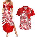 Personalized Gold Coast Suns Couples Matching Summer Maxi Dress and Hawaiian Shirt Polynesian Tribal Sun Mascot With Hibiscus Floral Art