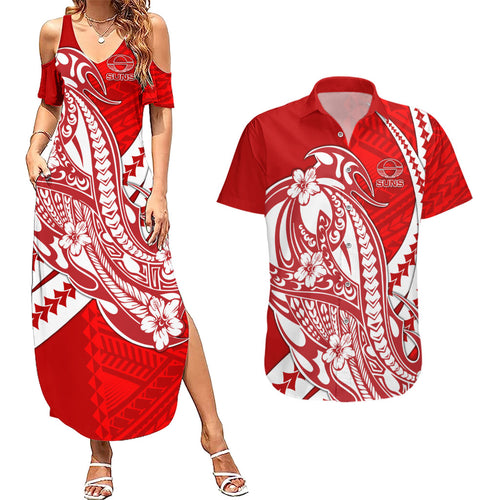 Personalized Gold Coast Suns Couples Matching Summer Maxi Dress and Hawaiian Shirt Polynesian Tribal Sun Mascot With Hibiscus Floral Art