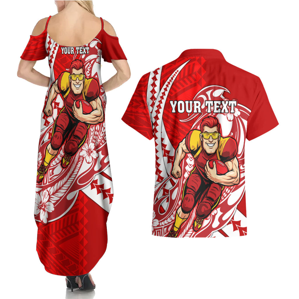 Personalized Gold Coast Suns Couples Matching Summer Maxi Dress and Hawaiian Shirt Polynesian Tribal Sun Mascot With Hibiscus Floral Art