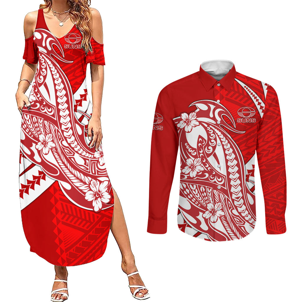 Personalized Gold Coast Suns Couples Matching Summer Maxi Dress and Long Sleeve Button Shirt Polynesian Tribal Sun Mascot With Hibiscus Floral Art