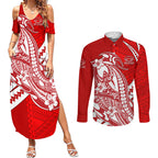Personalized Gold Coast Suns Couples Matching Summer Maxi Dress and Long Sleeve Button Shirt Polynesian Tribal Sun Mascot With Hibiscus Floral Art