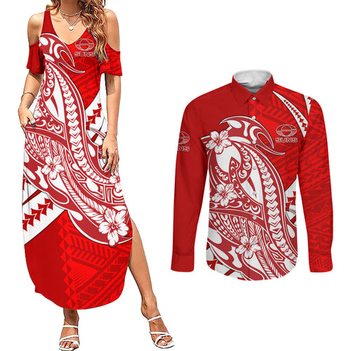 Personalized Gold Coast Suns Couples Matching Summer Maxi Dress and Long Sleeve Button Shirt Polynesian Tribal Sun Mascot With Hibiscus Floral Art