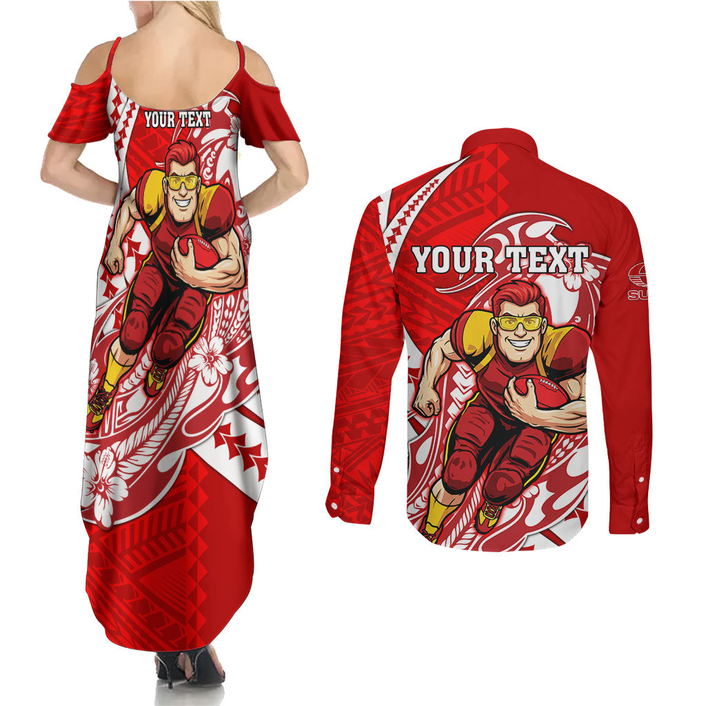Personalized Gold Coast Suns Couples Matching Summer Maxi Dress and Long Sleeve Button Shirt Polynesian Tribal Sun Mascot With Hibiscus Floral Art