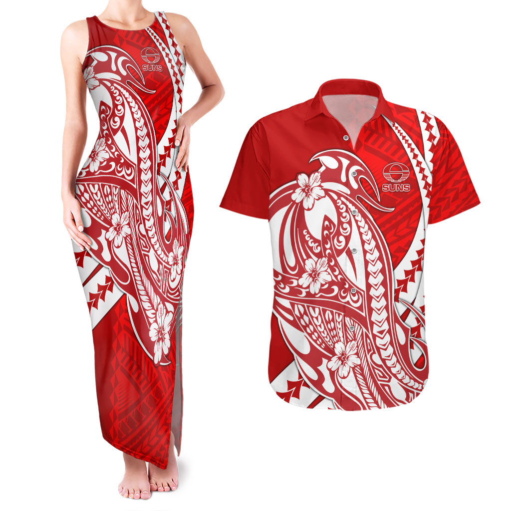 Personalized Gold Coast Suns Couples Matching Tank Maxi Dress and Hawaiian Shirt Polynesian Tribal Sun Mascot With Hibiscus Floral Art