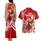 Personalized Gold Coast Suns Couples Matching Tank Maxi Dress and Hawaiian Shirt Polynesian Tribal Sun Mascot With Hibiscus Floral Art