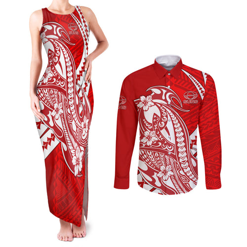 Personalized Gold Coast Suns Couples Matching Tank Maxi Dress and Long Sleeve Button Shirt Polynesian Tribal Sun Mascot With Hibiscus Floral Art