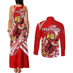 Personalized Gold Coast Suns Couples Matching Tank Maxi Dress and Long Sleeve Button Shirt Polynesian Tribal Sun Mascot With Hibiscus Floral Art