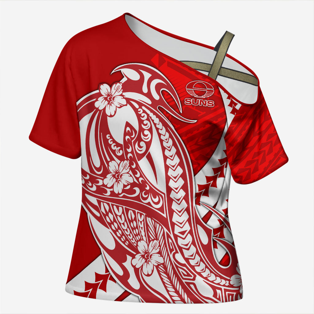 Personalized Gold Coast Suns Cross Shoulder Shirt Polynesian Tribal Sun Mascot With Hibiscus Floral Art