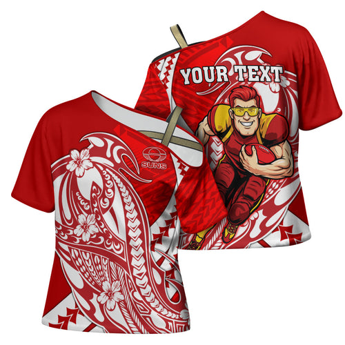 Personalized Gold Coast Suns Cross Shoulder Shirt Polynesian Tribal Sun Mascot With Hibiscus Floral Art