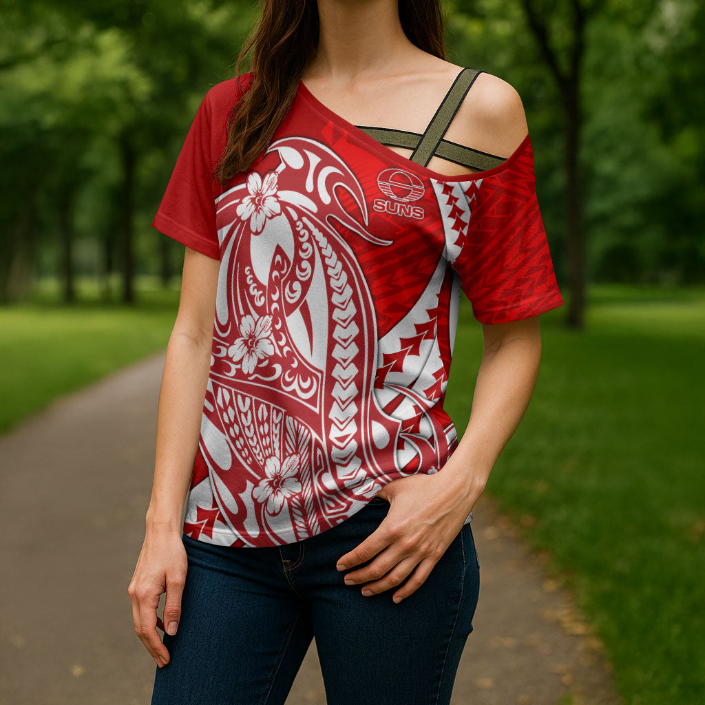 Personalized Gold Coast Suns Cross Shoulder Shirt Polynesian Tribal Sun Mascot With Hibiscus Floral Art