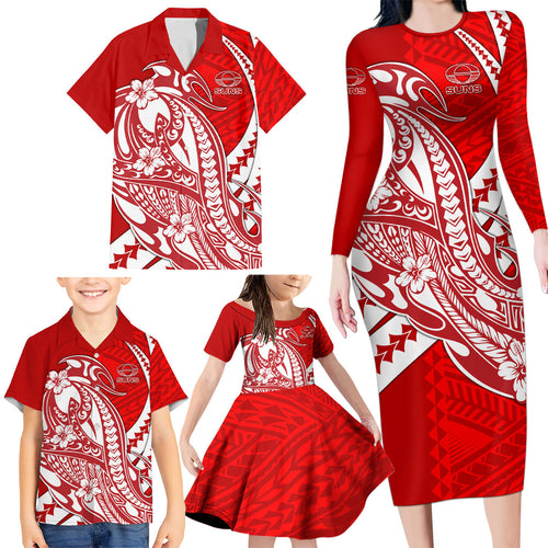 Personalized Gold Coast Suns Family Matching Long Sleeve Bodycon Dress and Hawaiian Shirt Polynesian Tribal Sun Mascot With Hibiscus Floral Art