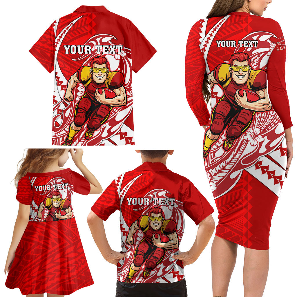 Personalized Gold Coast Suns Family Matching Long Sleeve Bodycon Dress and Hawaiian Shirt Polynesian Tribal Sun Mascot With Hibiscus Floral Art