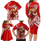 Personalized Gold Coast Suns Family Matching Long Sleeve Bodycon Dress and Hawaiian Shirt Polynesian Tribal Sun Mascot With Hibiscus Floral Art