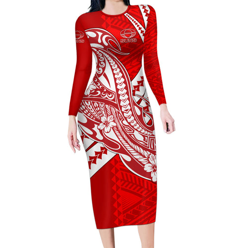 Personalized Gold Coast Suns Family Matching Long Sleeve Bodycon Dress and Hawaiian Shirt Polynesian Tribal Sun Mascot With Hibiscus Floral Art