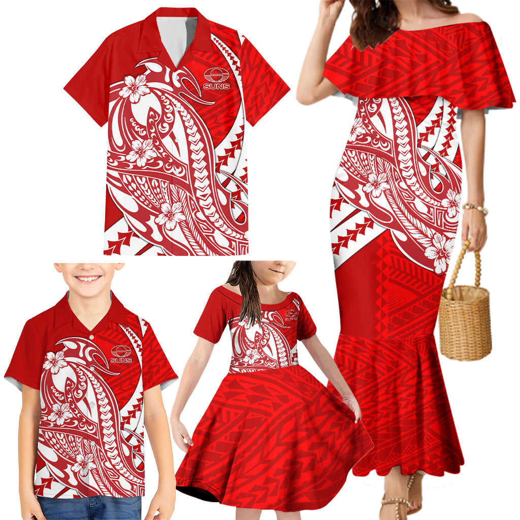 Personalized Gold Coast Suns Family Matching Mermaid Dress and Hawaiian Shirt Polynesian Tribal Sun Mascot With Hibiscus Floral Art